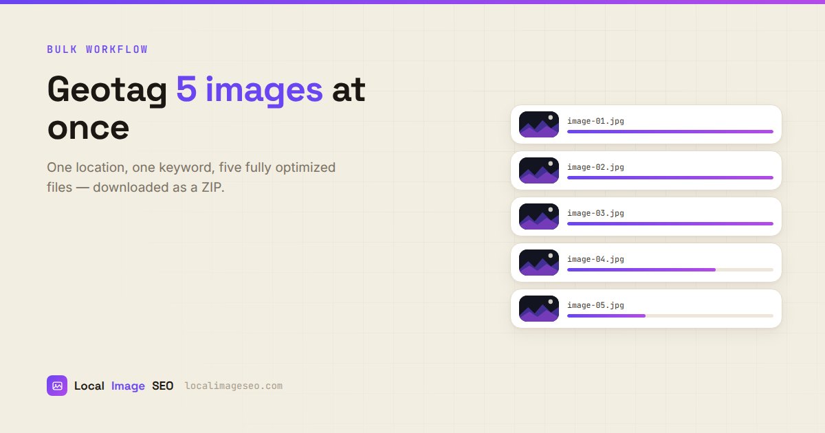 Bulk image SEO interface showing five image files being geotagged and optimized at once with progress bars