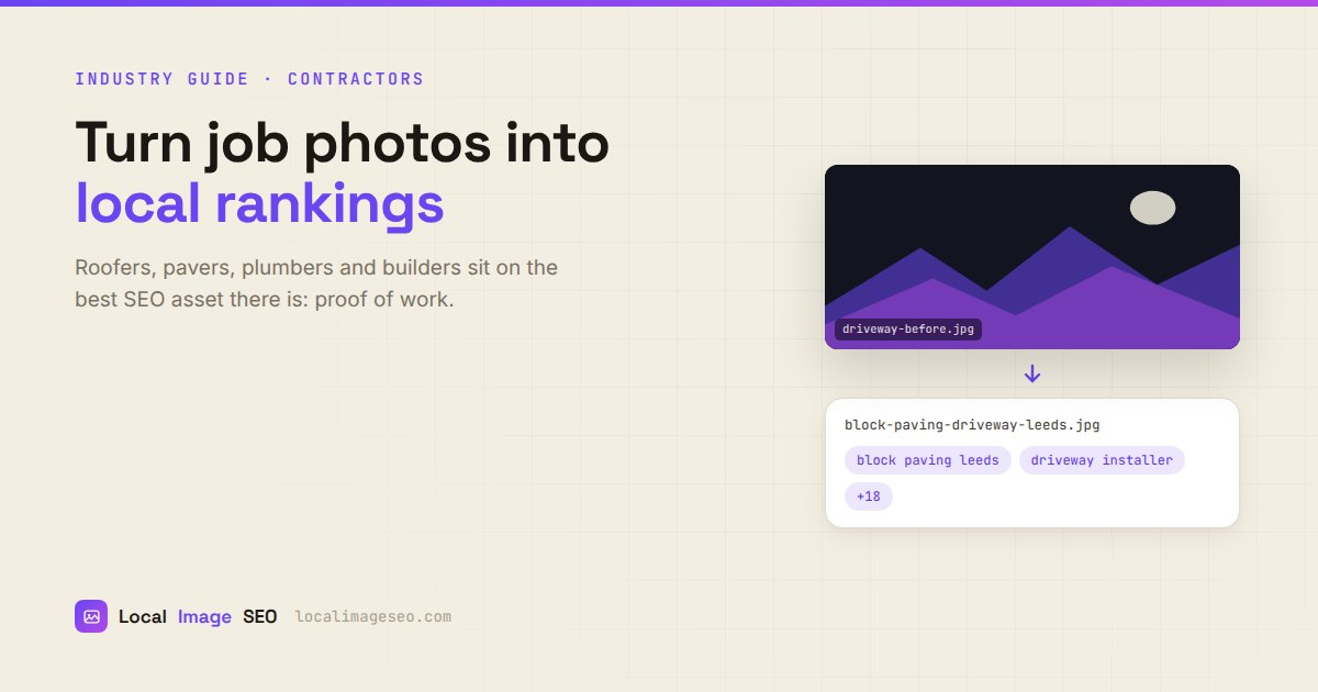 A contractor job photo being turned into an SEO asset with a descriptive filename and keyword tags